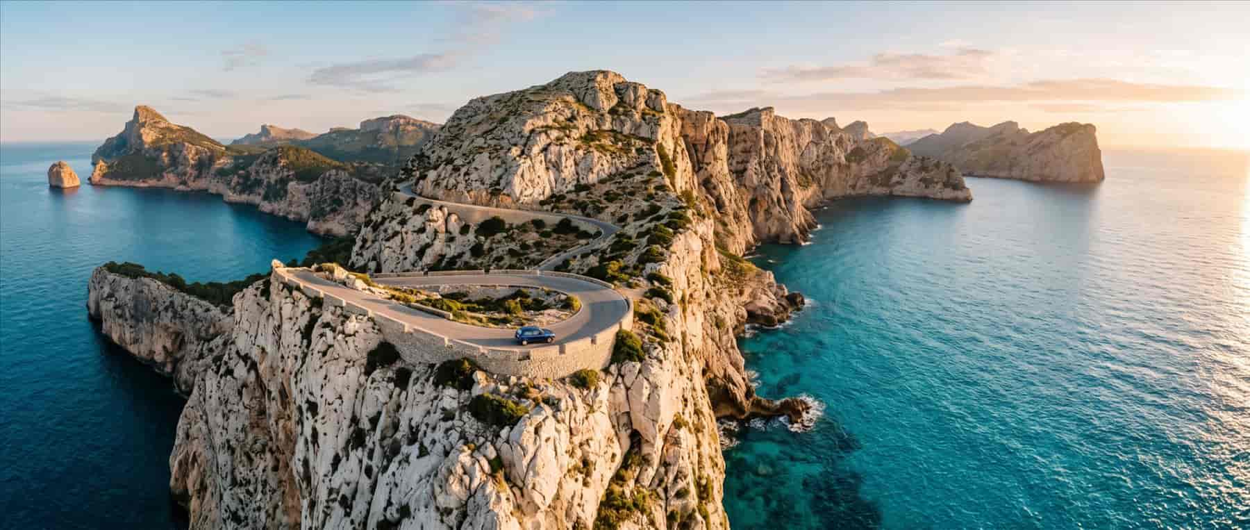 Winding coastal road on limestone cliffs above a turquoise sea at sunset