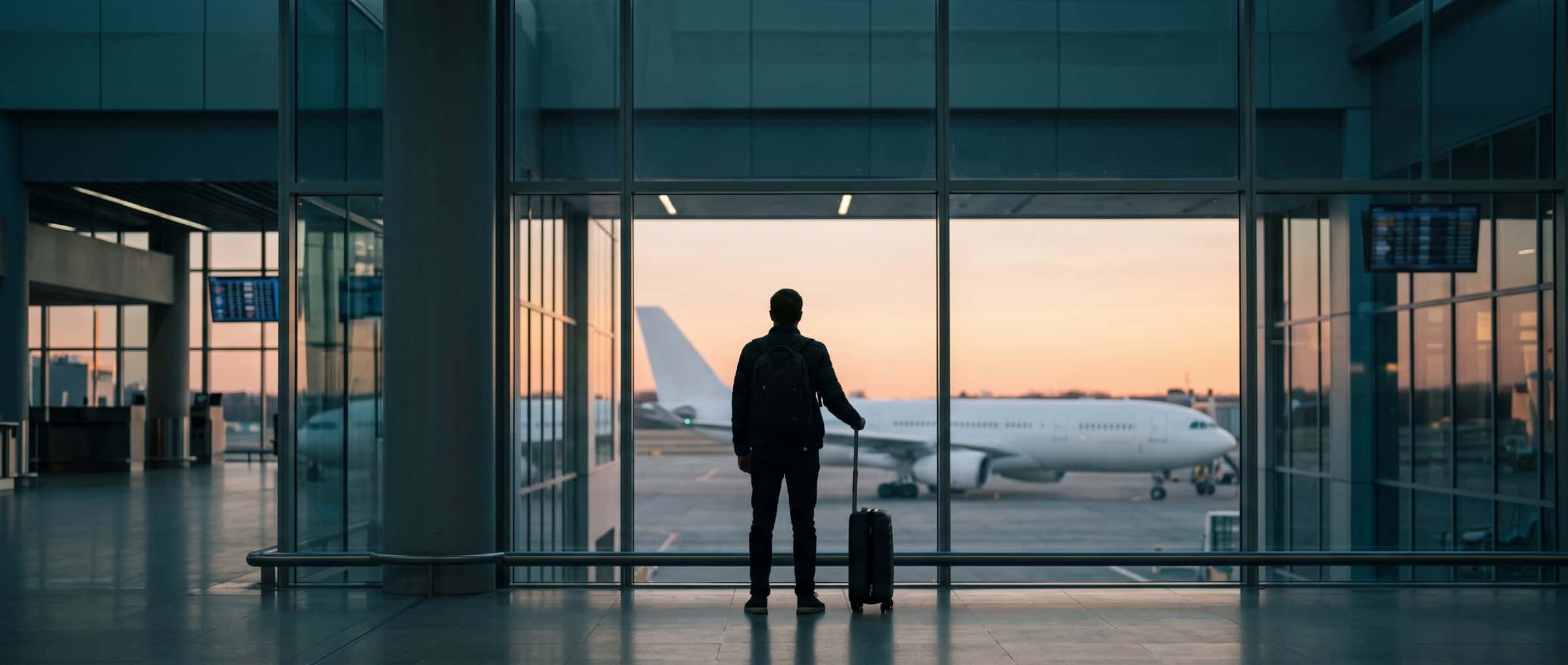 Traveler with a suitcase watching a plane at the gate through an airport window at dusk