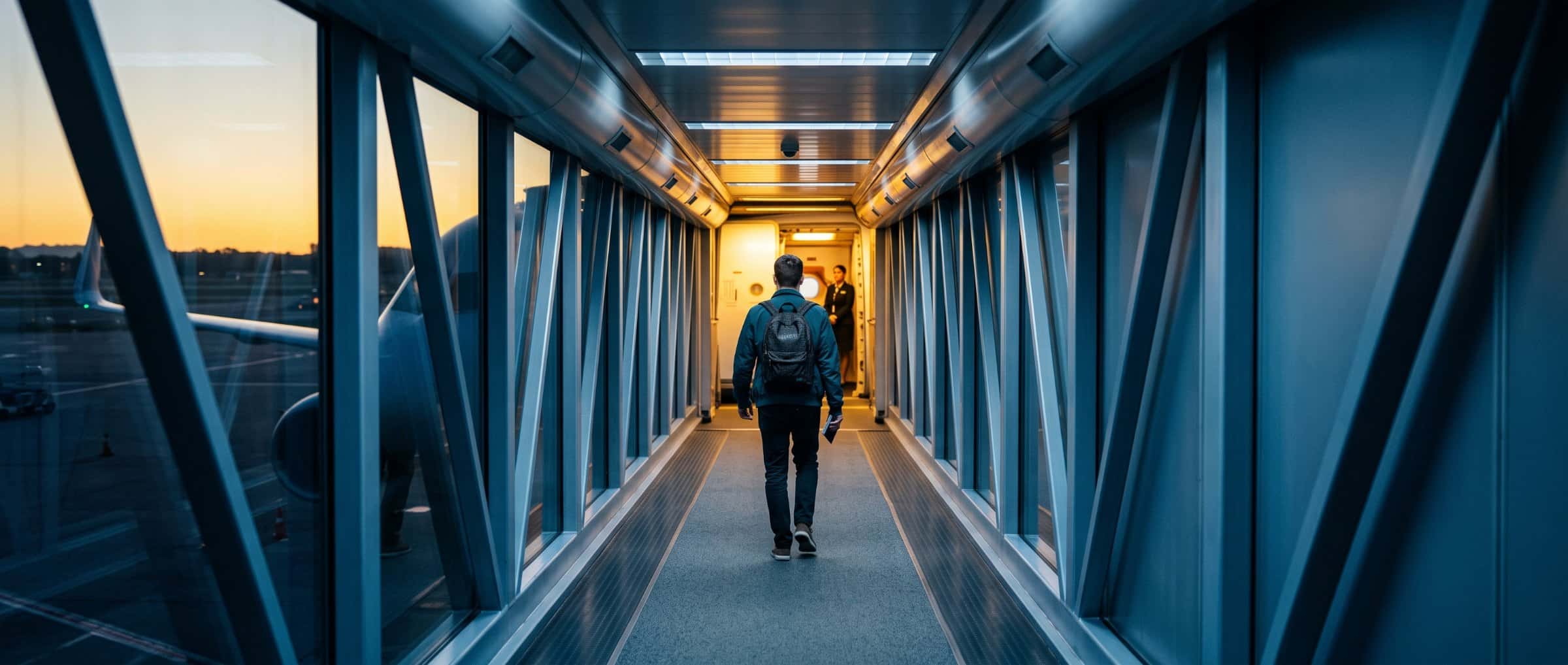Traveler walking down a glass jet bridge toward the aircraft door at sunset