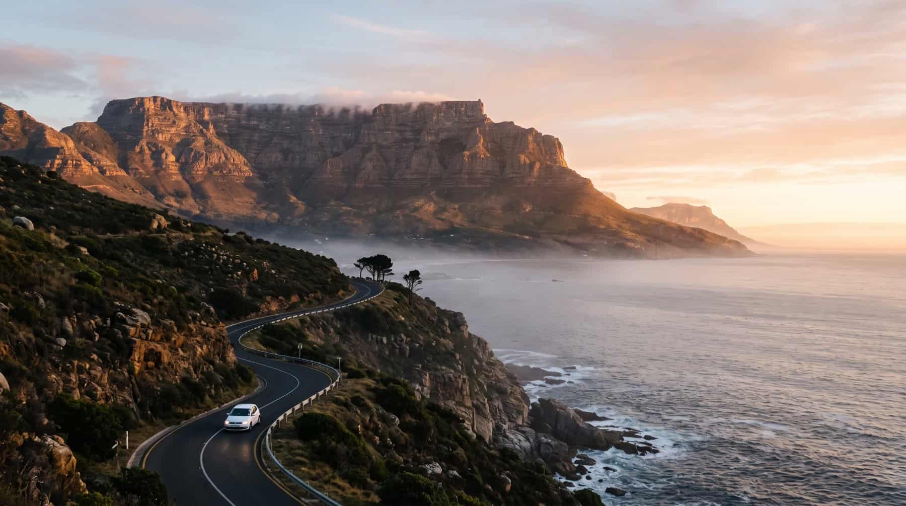 Coastal road winding beneath a flat-topped mountain at sunset with a car passing