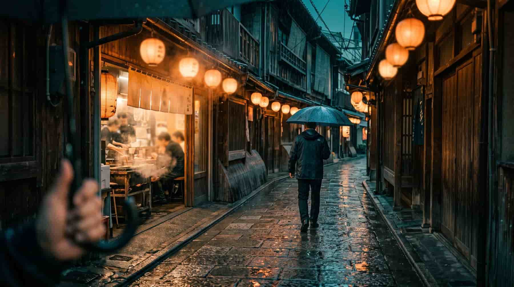 Person with an umbrella walking a rainy lantern-lit alley past a small restaurant
